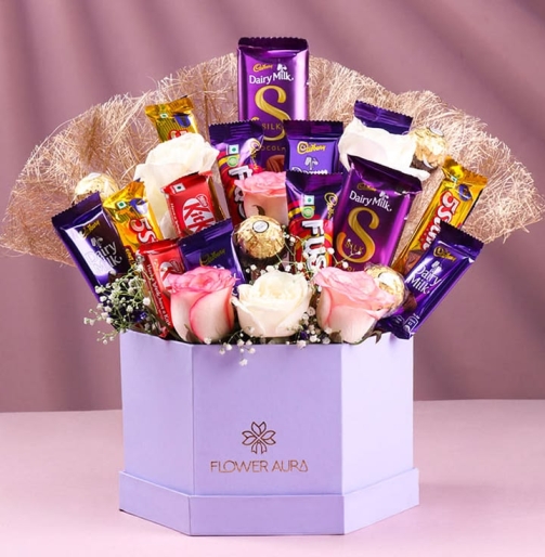 chocolate gift box with flowers